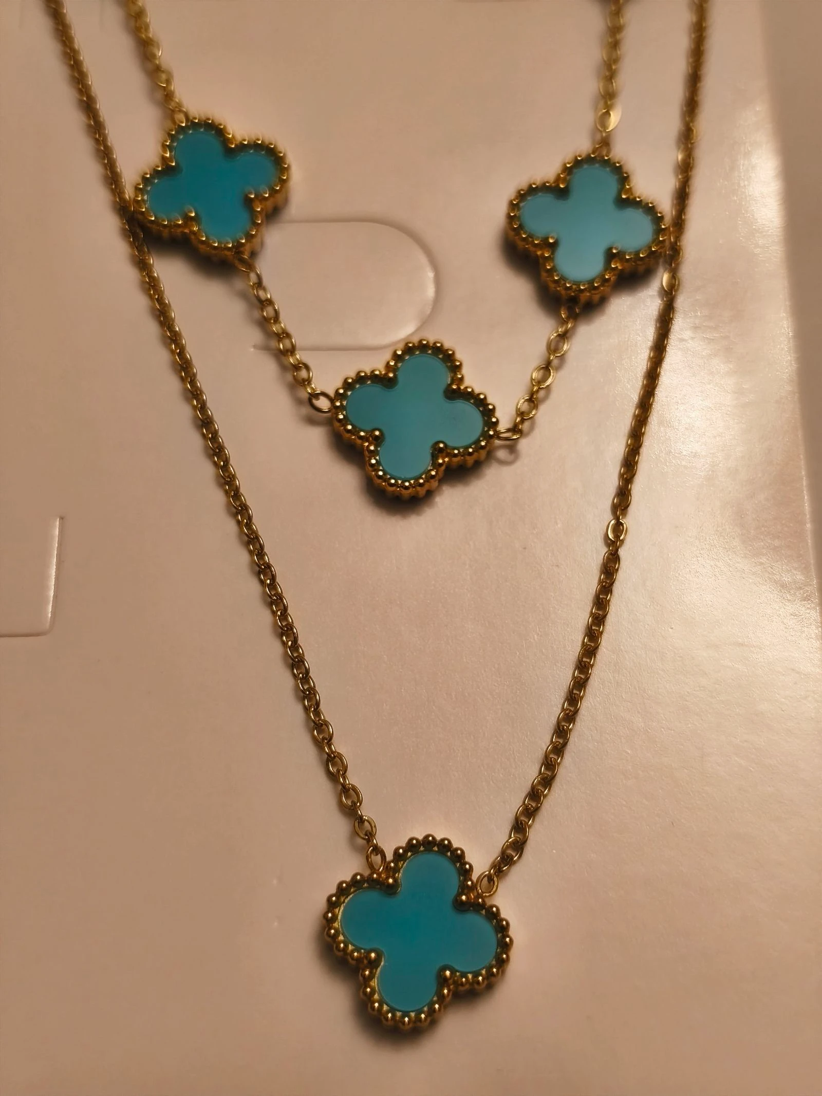 Conjunto de gargantilha pulseira e brincos de trevo cor turquesa – photo 2
